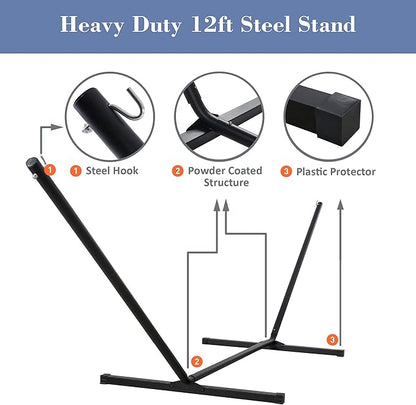 SUNCREAT Double Hammock with Stand Included, Portable Hammock with Stand and Large Pillow, Blue Stripes