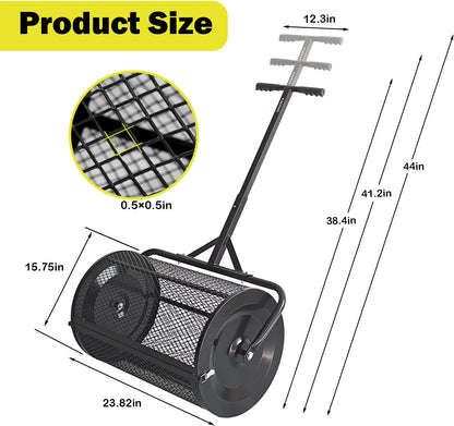 Compost Spreader, 24" Peat Moss Spreader, Roller Lawn Spreader with 3 Heights T Shaped Handle, Side Latches Powder Coated Steel Mesh Basket, Lawn & Garden Spreader for Spreading Manure Topsoil Black