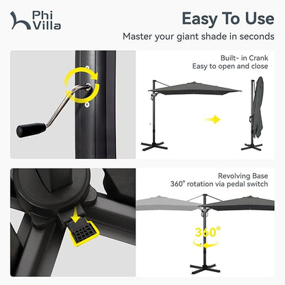 PHI VILLA 9'x12' Outdoor Patio Deck Umbrella with Base. 360° Rotation & 6-Level Tilt with Easy Crank Handle. Rectangle Offset Cantilever Umbrella Heavy Duty for Garden Poolside Backyard (Grey)