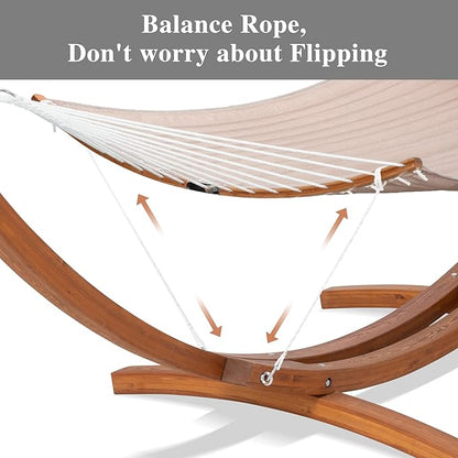 SUNCREAT Hammocks Patio Hammock with Stand, 2 Person Heavy Duty Curved Hammock with 13.5 ft Wooden Stand, Tan
