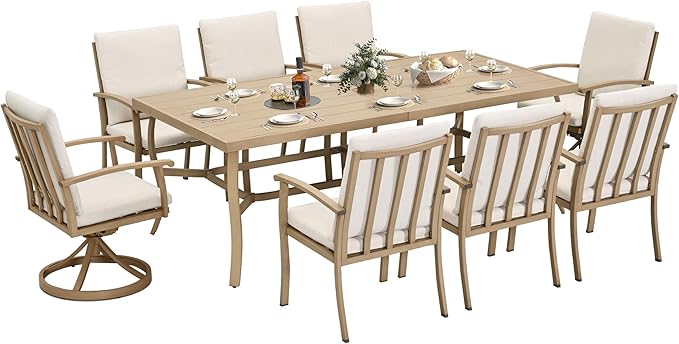 HAPPATIO Aluminum 9 Piece Patio Dining Sets, Outdoor Dining Set for 8, Patio Furniture Sets, 2 Swivel Dining Chairs, 6 Dining Chairs, Aluminum Furniture Set for Patio, Yard (Beige)