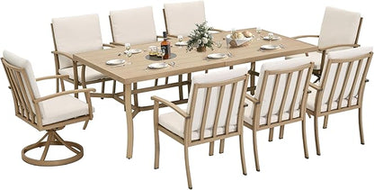 HAPPATIO Aluminum 9 Piece Patio Dining Sets, Outdoor Dining Set for 8, Patio Furniture Sets, 2 Swivel Dining Chairs, 6 Dining Chairs, Aluminum Furniture Set for Patio, Yard (Beige)