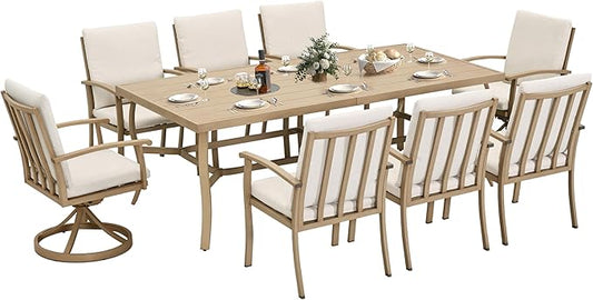 HAPPATIO Aluminum 9 Piece Patio Dining Sets, Outdoor Dining Set for 8, Patio Furniture Sets, 2 Swivel Dining Chairs, 6 Dining Chairs, Aluminum Furniture Set for Patio, Yard (Beige)