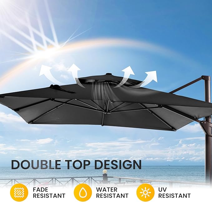 10 X 13 FT Patio Umbrella Heavy Duty Double Top Windproof Rectangle Cantilever Outdoor Umbrellas with 360-degree Rotation for Pool Deck Backyard, Black