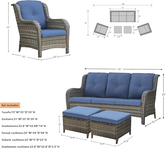 Rilyson Outdoor Patio Wicker Furniture Set - 5 Piece Rattan Patio Conversation Sectional Sofa Set with 1 Couch,2 Armchairs,2 Ottomans for Porch Deck Garden(Mixed Grey/Blue)