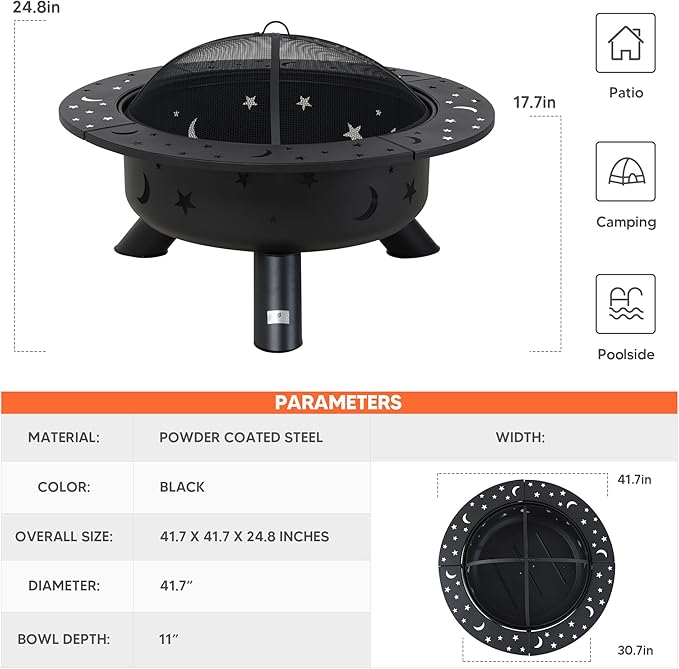 SUNCREAT 42" Extra Large Bonfire Fire Pit, Steel Round Fire Pit Table for Backyard, Garden, Outside, Star Pattern