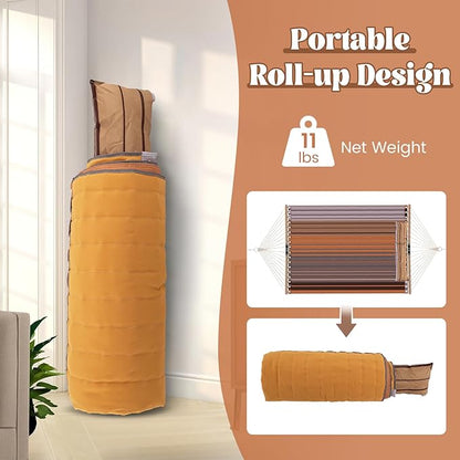 Tangkula 10.5FT Double Hammock, Heavy Duty Outdoor Hammock with Curved Spreader Bars, Detachable Pillow, 2 Person Hammocks for Outside, Porch, Patio (Stand is not Included) (Coffee)