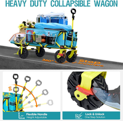 49" L Extra Long Beach Wagon with Tailgate,Big Wheels with Brake for Sand, Collapsible Utility Beach Cart Heavy Duty Folding Wagon,Ideal for Outdoor Sand Camping Garden Pet