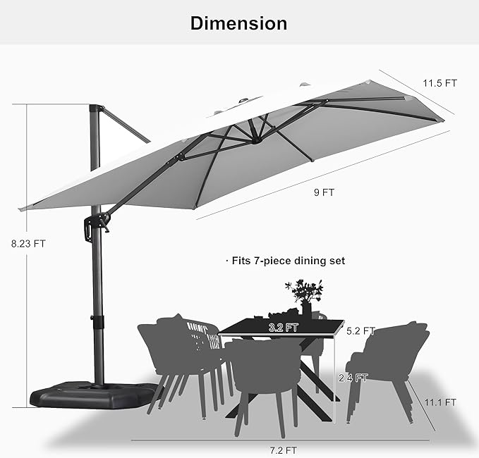 PURPLE LEAF 9' X 11.5' Patio Umbrella Outdoor Cantilever Rectangle Umbrella Aluminum Offset Umbrella with 360-degree Rotation for Garden Deck Pool Patio, White