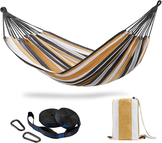 Brazilian Double Hammock with Tree Straps,Extra Large 94x63IN,2 Persons Hammock for Backyard Patio Outdoor and Indoor,450lbs Weight Capacity,Soft Woven Cotton Fabric - Coffee Stripe
