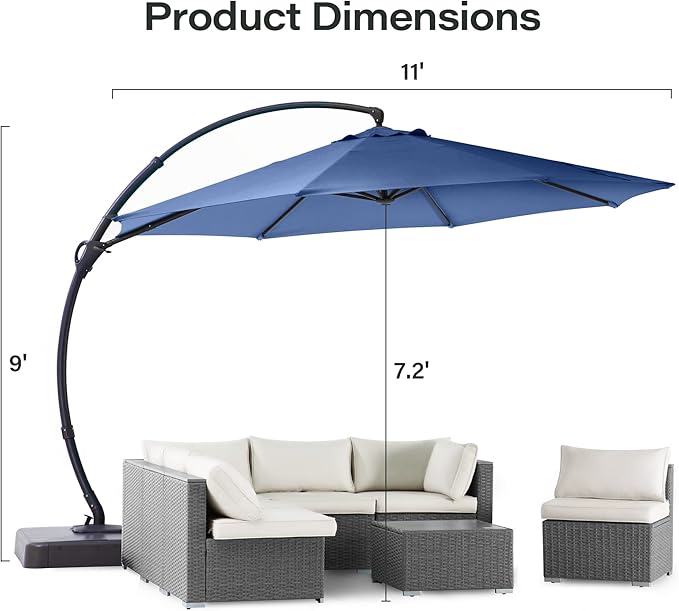 LAUSAINT HOME Outdoor Patio Umbrella with Base included, 11 FT Deluxe Curvy Cantilever Umbrella Offset Hanging umbrella with 360° Rotation for Market, Pool, Garden, Backyard, Deck (Navy Blue, 11 FT)