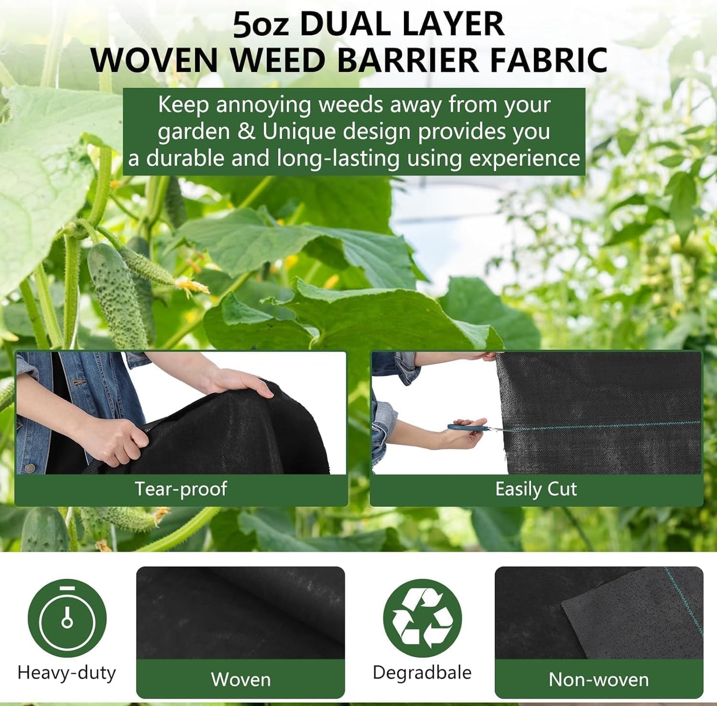 Woven Landscape Fabric 5.0oz, 5 x 300FT Weed Fabric Barrier, Double Layer, Garden Fabric Weed Barrier, Weed Control Fabric Ground Cover, Gardening Mat for Garden Beds, Landscaping