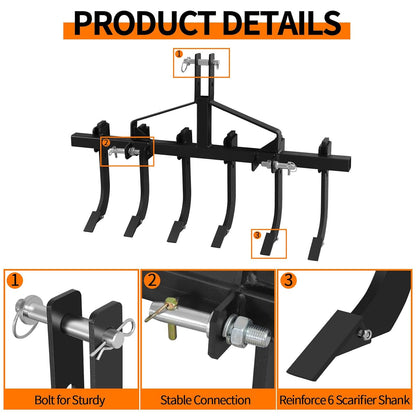 48" Tractor Cultivator/Chisel Plow, Detachable Cultivator with 6 Scarifier Handles,Provides Fertile Soil for Plant Seeds and More,3-Point Scarifier for CAT-0 Black