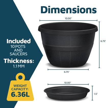 10-Inch Whiskey Barrel Planters Outdoor Pack of 10 - Durable Plastic Plant Pots for Indoor & Outdoor Use with Drainage & Saucer, Lightweight Rustic Barrel Planters for Flowers, Herbs & Small Plants