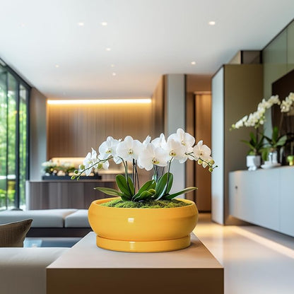 Ceramic Bonsai Pots - 13 Inch Large Succulent Pots with Drainage Hole and Saucer, Bonsai Planter for Indoor Outdoor, Round Shallow Bowl Planter, Garden House Decor, Plant Lover Gifts, Yellow