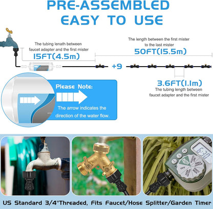 Misting System with Water Filter - Upgraded Signice 65 Ft (20M) Line & 15 Brass Mist Nozzles Outdoor Misters for Patio Cooling Mister Systems Kit for Outside Garden Backyard Greenhouse (Black)