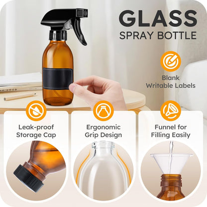 Tecohouse Glass Spray Bottles 4 oz, 2 Pack Spray Bottles for Hair Empty Refillable Fine Mist Sprayer with Labels, Funnel, Pipettes
