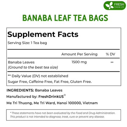 FreshDrinkUS, Premium 40 Banaba Tea Bags, 100% Natural & Pure from Banaba Leaves. Loose Leaf Banaba Herbal Tea. No Sugar, No Caffeine, No Gluten, Vegan.