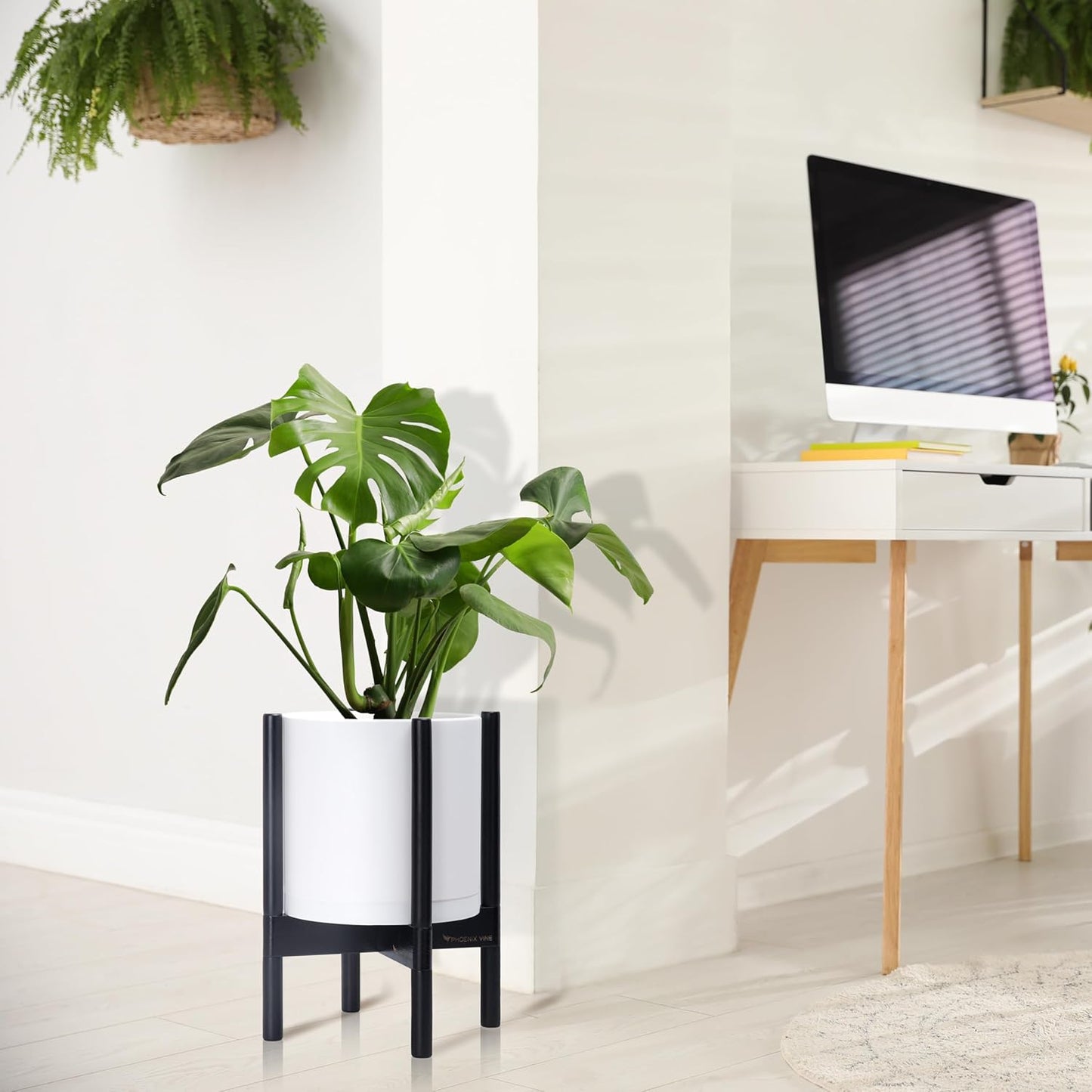 D'vine Dev Planter Pot with Stand - 10 Inch Plastic Cylinder Flower Pot with Wood Planter Holder for Indoor, Matte White Pot + Ebony Stand, 55-C-N-1