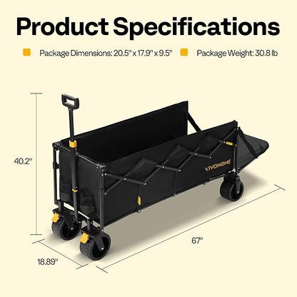 VIVOHOME 48''L Extended Collapsible Wagon Cart with 440lbs Weight Capacity, Heavy Duty 350L Folding Utility Garden Cart with Extended Tailgate and Big All-Terrain Beach Wheels