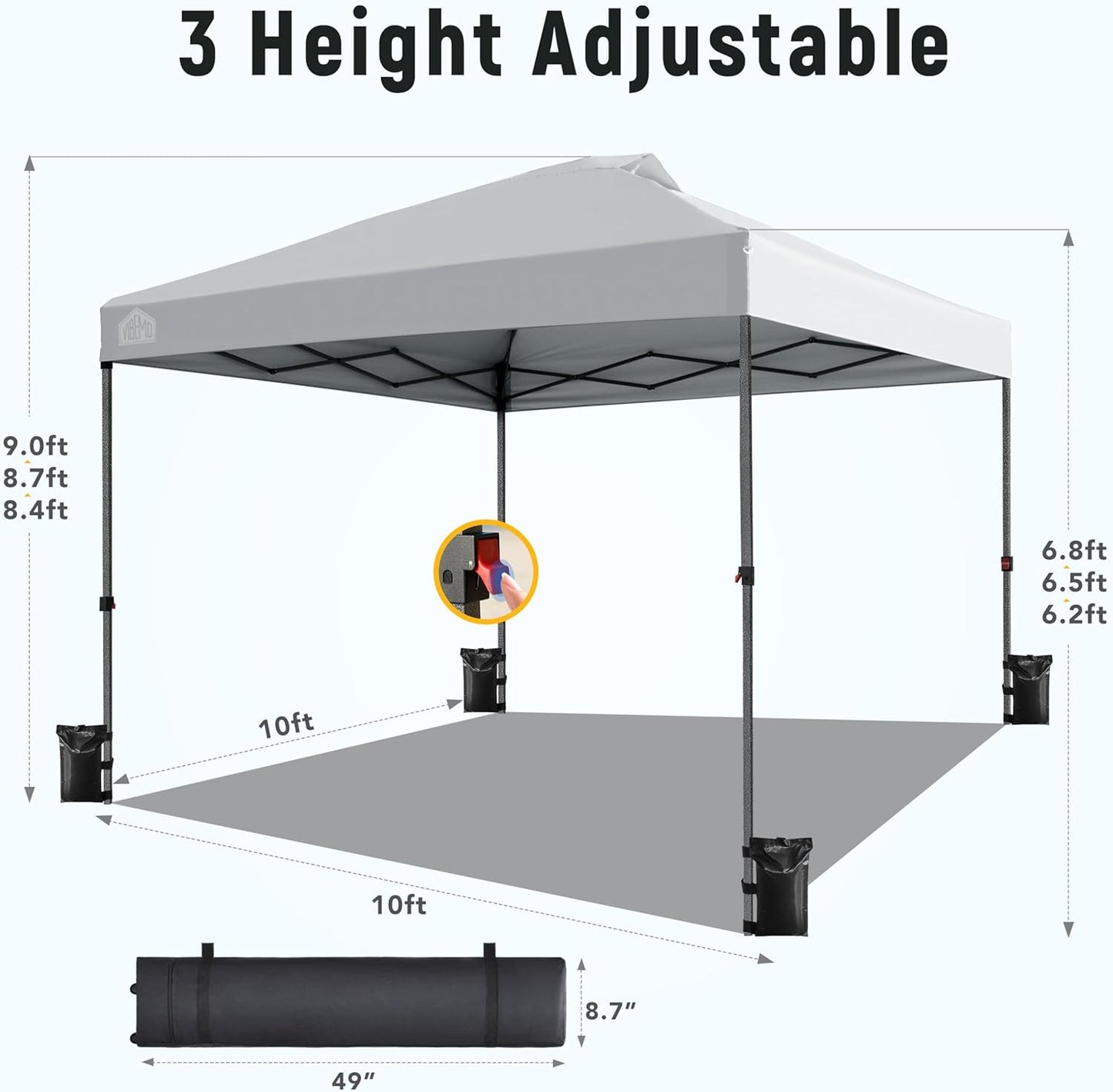 Canopy Tent 10x10, 1-Person Setup Pop Up Canopy Tent with Roller Bag, 3 Adjustable Height, 4 Sandbags, 8 Stakes, 4 Guylines, Waterproof and UPF50+ Sun Protection Outdoor Canopy for Party，Beach