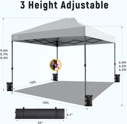 Canopy Tent 10x10, 1-Person Setup Pop Up Canopy Tent with Roller Bag, 3 Adjustable Height, 4 Sandbags, 8 Stakes, 4 Guylines, Waterproof and UPF50+ Sun Protection Outdoor Canopy for Party，Beach