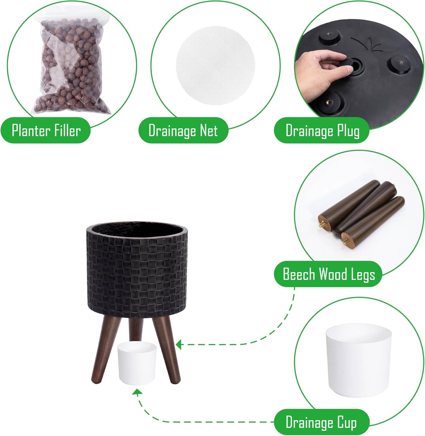 D'vine Dev 8 Inch Modern Geometric Tile Patterned Sleek Planter Pot with Stand, Indoor Outdoor Decorative Plant Holder, Distressed Black, 88-Z-A-5