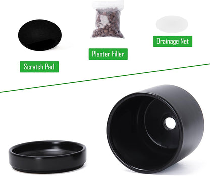 D'vine Dev 3.5 Inch & 4.7 Inch Ceramic Planter Pots for Plants with Drainage Hole and Saucer, X-Small Plant Pots Set, Black, 94-G-XS-2