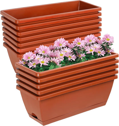 12Pcs 17Inches Rectangle Planter Box with Drainage Holes and Trays Plastic Planters Flower Boxes Pots for Indoor Outdoor Plants Patio Garden Home Decor Porch Yard (Red)
