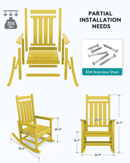 SERWALL HDPE Rocking Chair, Outdoor Rocking Chair for Adults, All Weather Porch Rocker for Lawn Garden, Yellow
