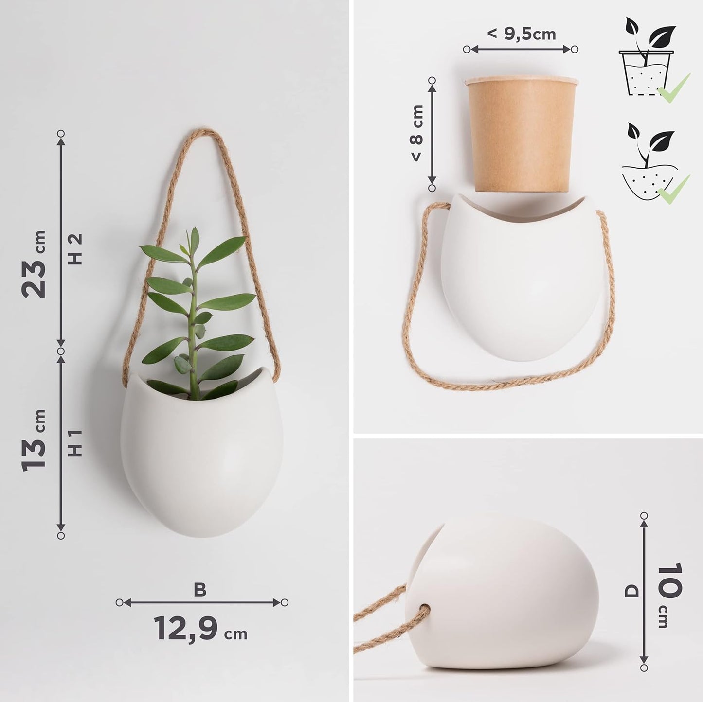 Kazai. Wall Planters -Ellie- | Hanging Ceramic Plant Pots 3 Pieces | Wall Decoration for Indoors, Balcony and Garden | White (Matte)