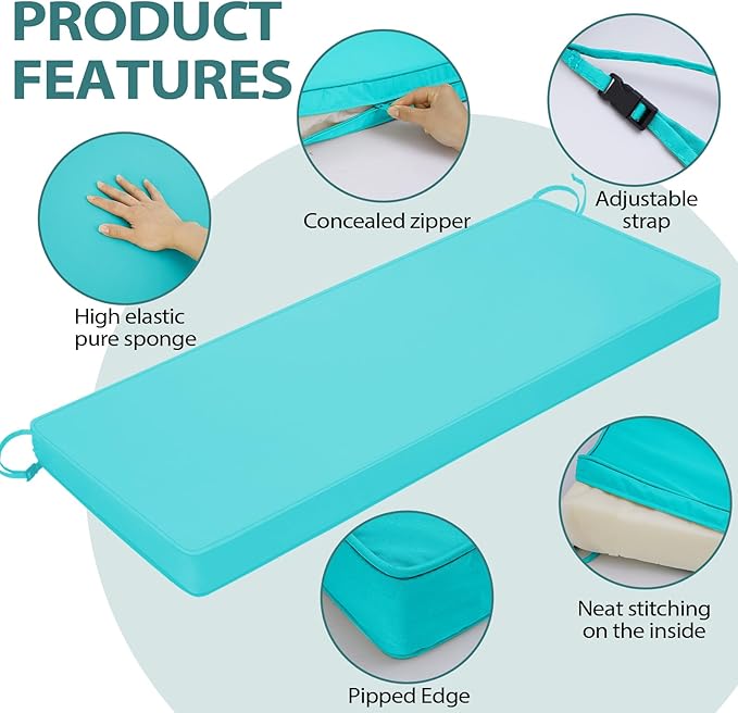 Outdoor Bench Cushion 48x18x3 Inch with Ties, Thick Waterproof Porch Swing Cushions for Patio Furniture Chair Pad, Seat Sofa Garden Replacement Cushion Sponge Filling