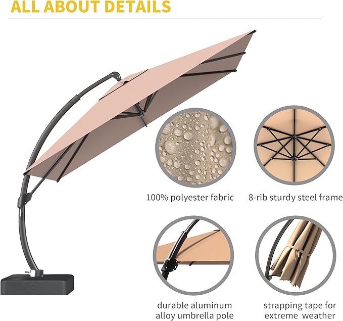 Kingdura 10x10 FT Cantilever Patio Umbrella with Base Included, Large Square Offset Outdoor Pool Umbrella, 360° Rotation & Infinite Tilt, Heavy Duty Aluminum Frame for Deck Backyard, Beige