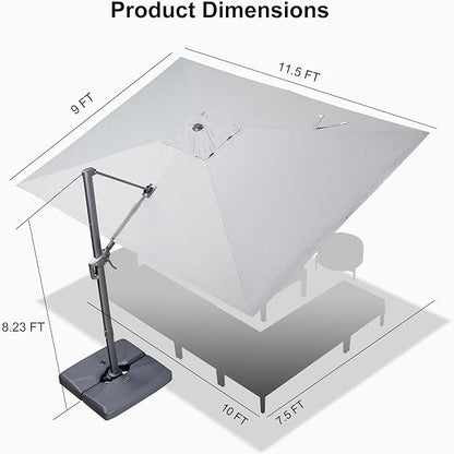 PURPLE LEAF 9' X 11.5' Rectangle Cantilever Umbrella with Base Outdoor Large Aluminum Patio Umbrella with 3-Year Fade Resistance Recycled Fabric and 360-degree Rotation for Deck Garden, Pebble Grey