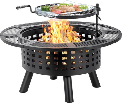 36 inch Outdoor Fire Pit with Grill,Wood Burning Firepits for Outside with Lid & Fire Poker,Metal 3-in-1 Fire Pit Table with Cooking Grate,Outdoor Fireplaces for Bonfire,Yard,BBQ（Jet Black）