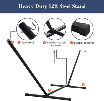 SUNCREAT Portable Outdoor Hammock with Stand, Heavy Duty Hammock with Carrying Bag, Soft Pillow, Balance Ropes, Dark Blue