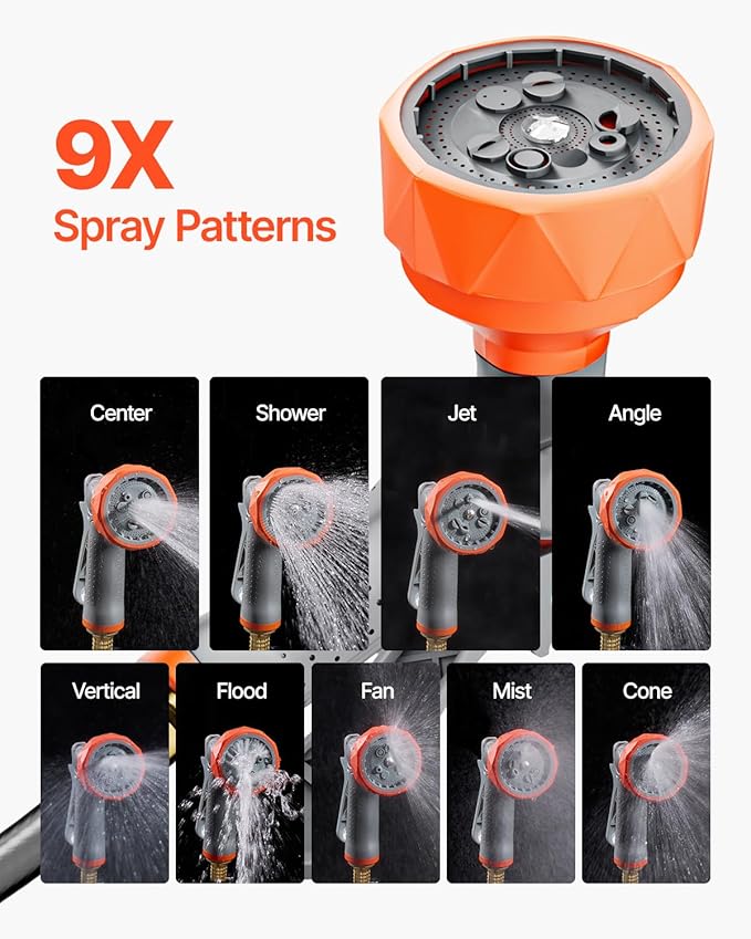 VEVOR Retractable Garden Hose Reel, 1/2 Inch x 145 ft Wall Mounted Hose Reel, Heavy Duty Garden Hose Reel with 9 Patterns Nozzle, Any Length Lock, Upgraded Slow Return System and 180°Swivel Bracket