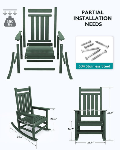 SERWALL HDPE Rocking Chair, Outdoor Rocking Chair for Adults, All Weather Porch Rocker for Lawn Garden, Green