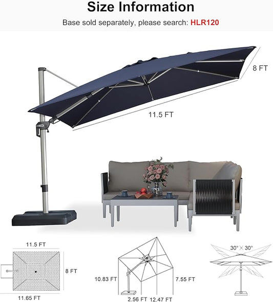 PURPLE LEAF 11.5' X 8' Left-right Tilting Patio Umbrella Outdoor Swivel Cantilever Umbrella Aluminum Offset Umbrella with Champagne Frame and 360-degree Rotation for Garden Deck Pool, Navy Blue