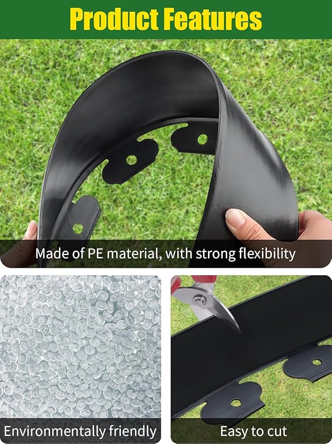 Kalolary Landscape Edging, 100FT x 4 Inch Tall Plastic Garden Lawn Edging Border with 100 L Spikes, 9 Connector for Landscaping Garden, Flower Beds (Black)