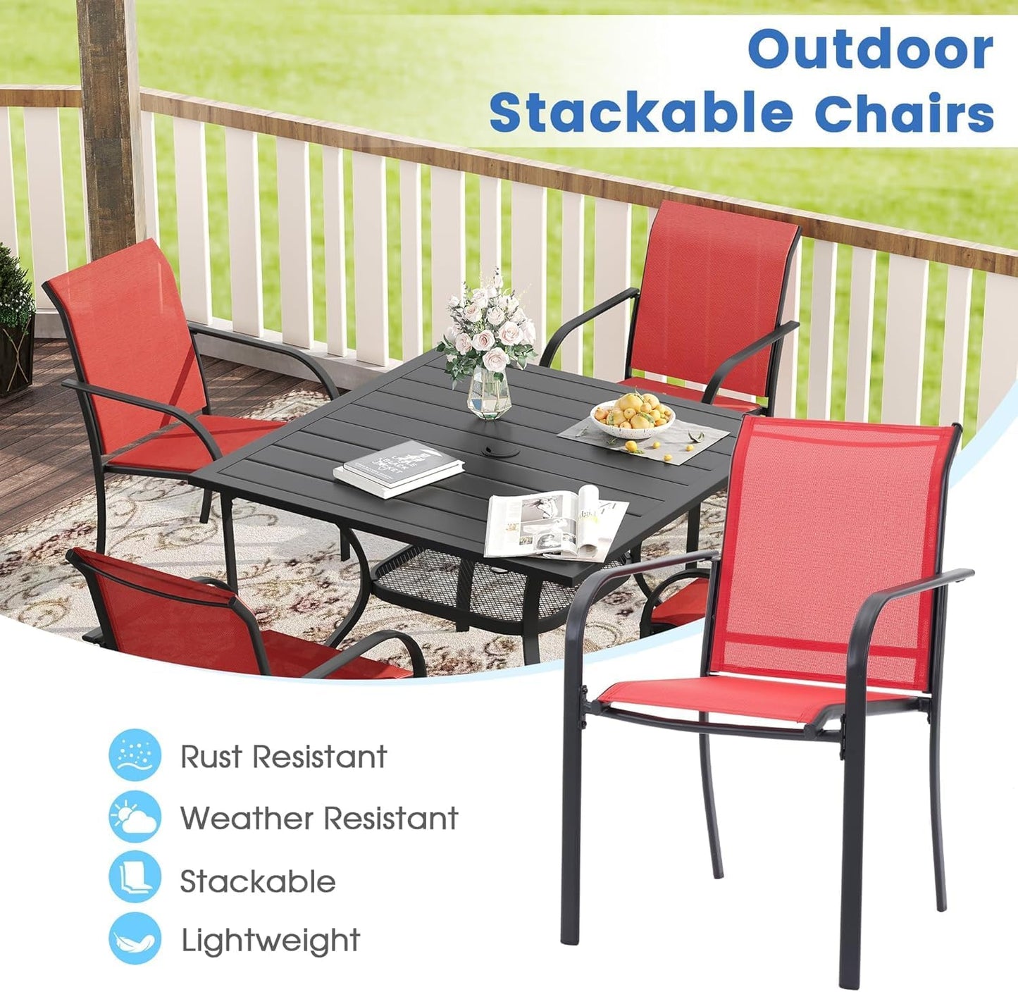 VICLLAX Patio Dining Set for 6, Outdoor Furniture Set Includes 59" Rectangle Patio Table and 6 Patio Sling Chairs, Outdoor Table and Chairs for Outsides, Black Tabletop and Red Fabric