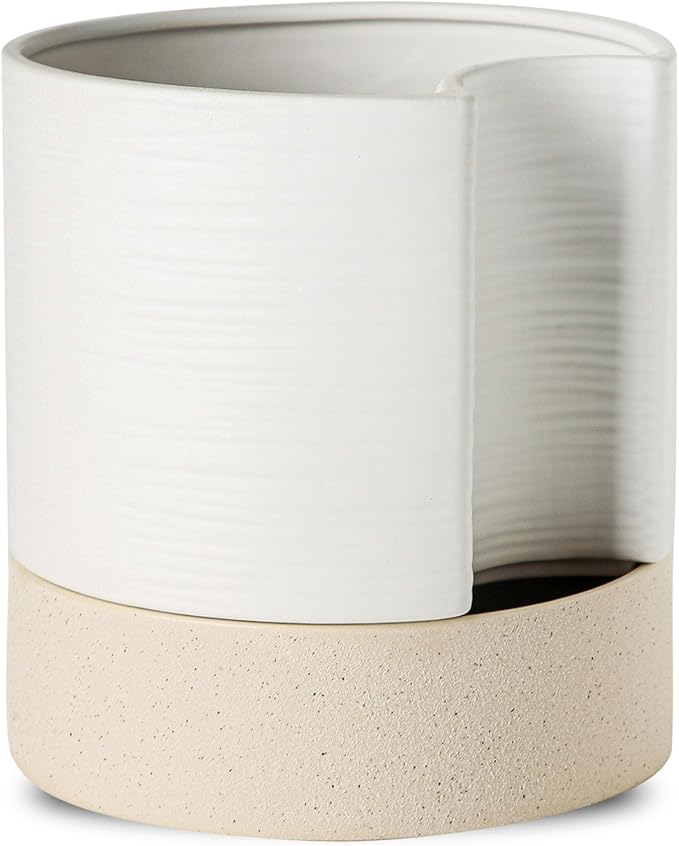 Nihow Self Watering Plant Pot: 8 Inch Ceramic Planter with Drainage Hole & Water Storage Plus for Indoor & Outdoor Plants - Cylinder Round Flower Pot for Succulent/Herbs/Violets - White & Brown