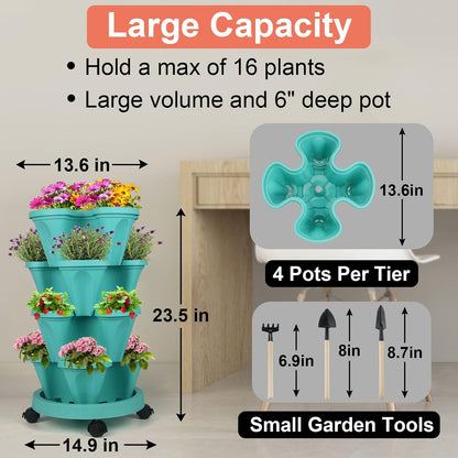 DUNCHATY Stackable Planter, Vertical Garden Planter with Wheels and Tools, Self Watering Strawberry Planter Indoor/Outdoor 4 Tier Herb Planter Pots for Growing Vegetables and Succulents, Teal