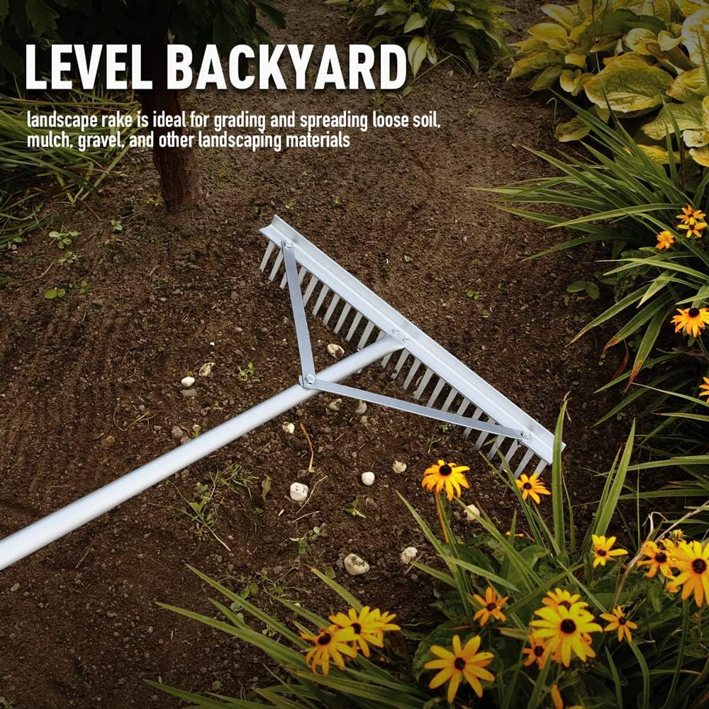 Colwelt Landscape Rake - 24Tines, Aluminum Head with 68" Handle, 24" Width for Beach & Lawn Care