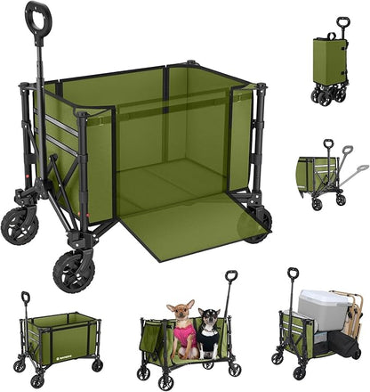 Collapsible Wagon Cart with Wheels 220lbs Foldable Wagon 120L Shopping Cart for Groceries Folding Utility Wagon for Beach, Garden, Camping, Sport, Wheelbarrows, Green