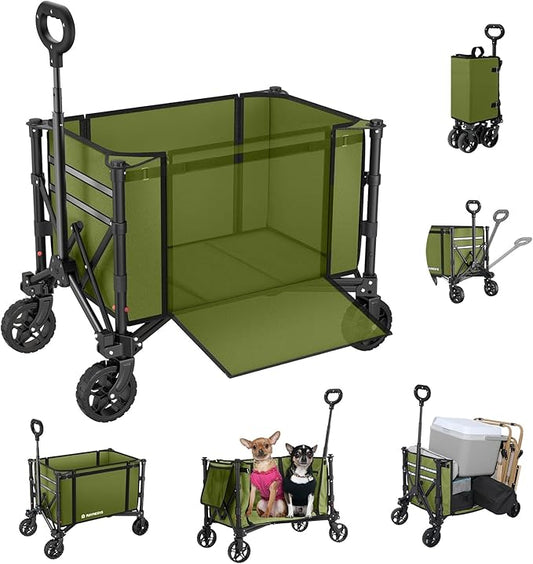 Collapsible Wagon Cart with Wheels 220lbs Foldable Wagon 120L Shopping Cart for Groceries Folding Utility Wagon for Beach, Garden, Camping, Sport, Wheelbarrows, Green