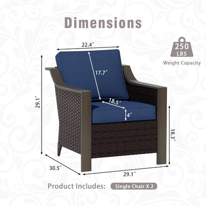 3 Piece Wicker Patio Conversation Set, All-Weather Use Outdoor Wicker Sofa with 2 PE Rattan Chair, Removable Water-Resistant Cushion, Ideal for Porch, Backyard, Balcony, Poolside, Blue