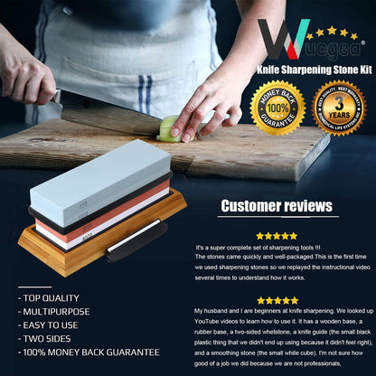 Knife Sharpening Stone Kit – 400/1000 3000/8000 Grit Wet Kitchen Whetstone Knife Sharpener Set with Non-slip Bamboo Rubber Base, Angle Guide, Flattening, Leather Strop and Cut Resistant Gloves