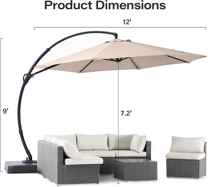 LAUSAINT HOME Outdoor Patio Umbrellas with Base, Upgraded 12FT Curvy Aluminum Offset Cantilever Umbrella with 360° Rotation Design for Garden, Pool, Backyard, Market, Deck (Champagne-Upgraded)