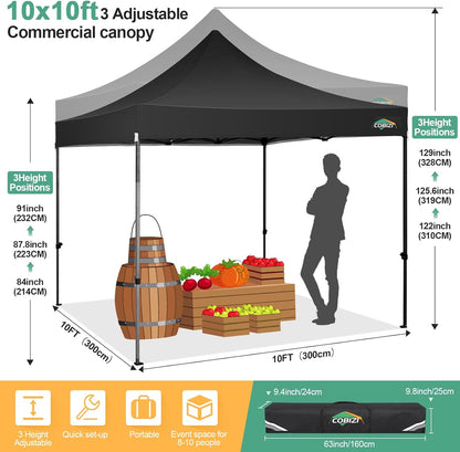 COBIZI 10x10 Pop Up Canopy Tent 10x10 Easy up Canopy, Heavy Duty Outdoor Canopy UPF 50+ All Weather Waterproof Instant Party Tents for Parties Gazebo with Handbag, Black(Windproof Upgraded)